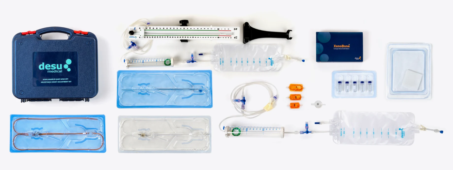 Rangkaian produk DESU: kit shunt, sistem drainase eksternal, set kateter, dan graft kolagen