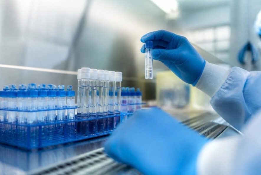 Sample vials in a biosafety cabinet during laboratory quality control