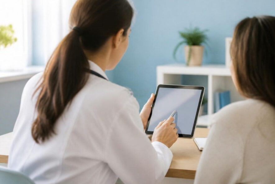 Doctor explaining information to a patient on a tablet