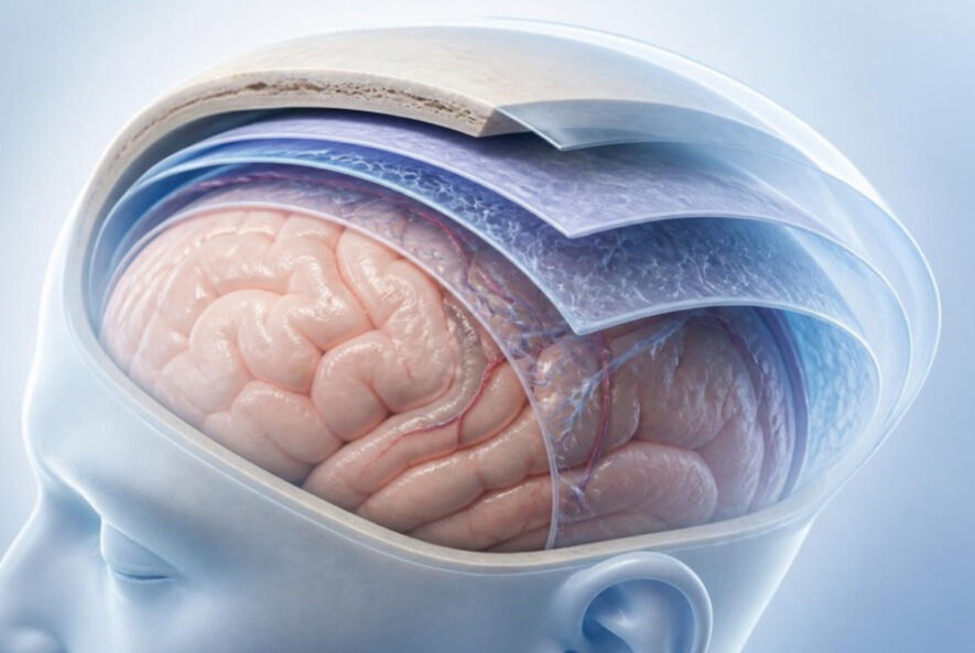 Illustration of the meninges, the protective membranes around the brain