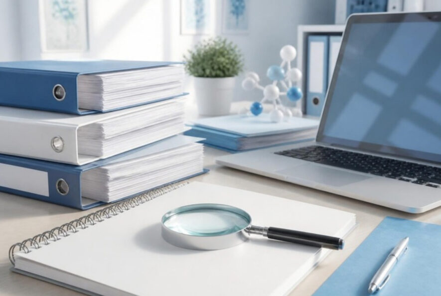 Technical documentation binders and a magnifying glass on a desk
