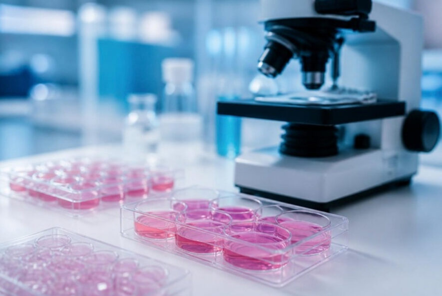 Cell culture plates beside a laboratory microscope
