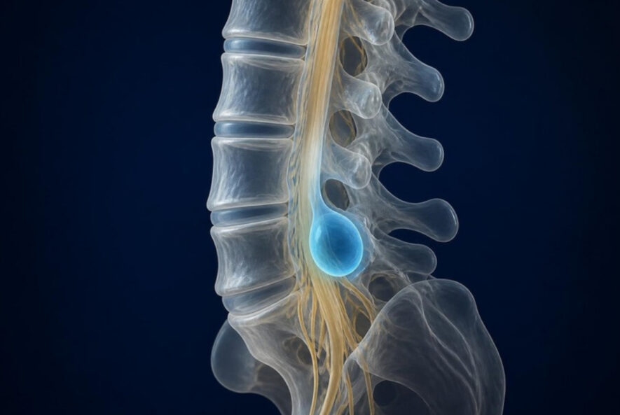 Illustration of the lumbar spine with a fluid collection next to the dura