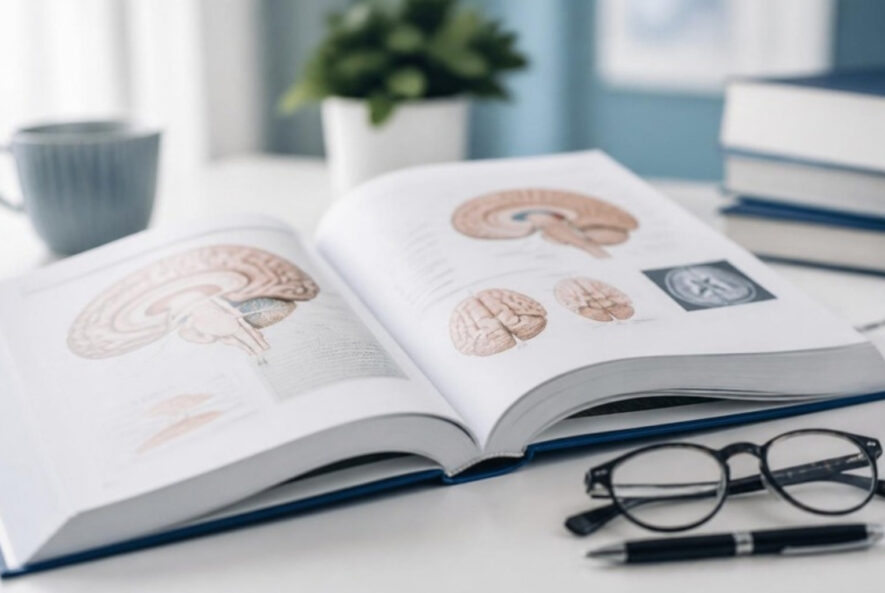 Open medical textbook with brain illustrations