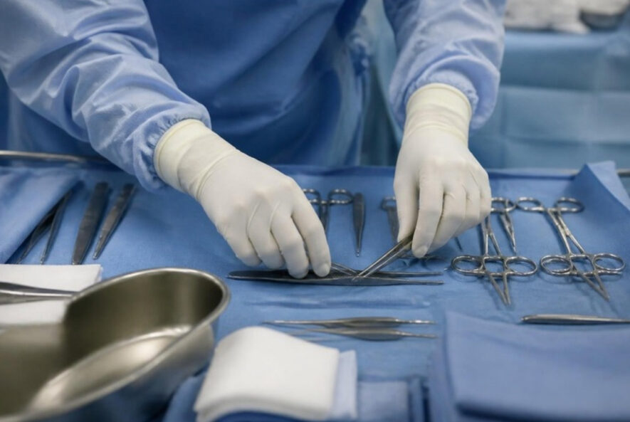 Gloved hands arranging sterile instruments on a surgical tray
