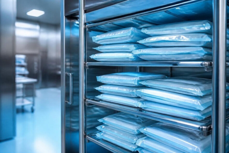 Sealed sterile medical pouches on a rack