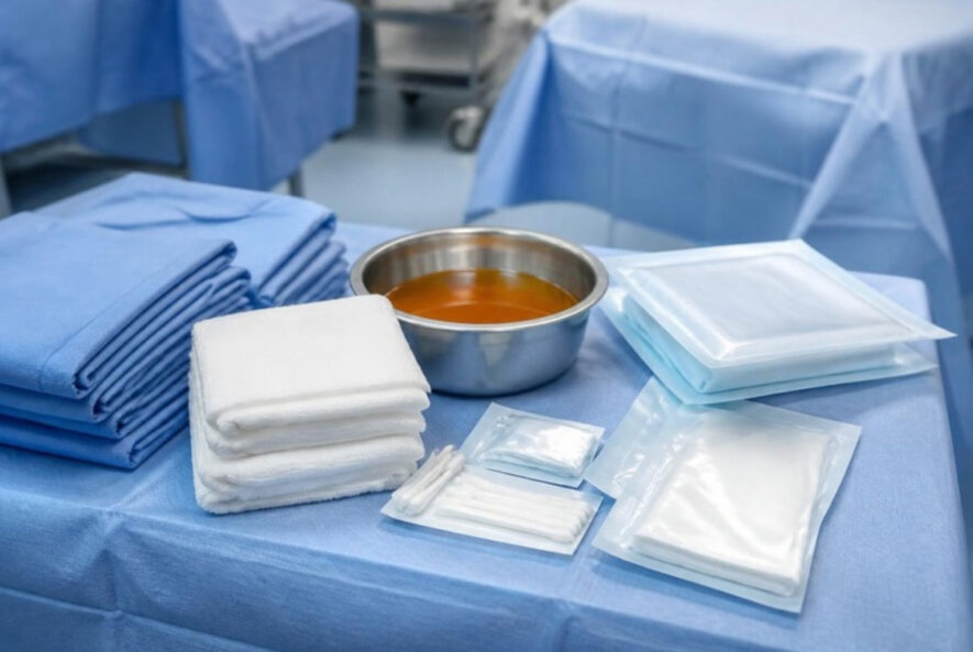 Sterile surgical field with gauze, antiseptic bowl and sealed sterile packs