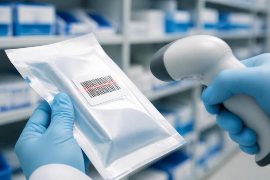 Scanning the barcode on a sterile medical package